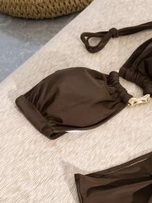 Summer Sexy Solid Color Buckle Backless Bikini Swimsuit Set, For Beach And Holiday Vacation - Coffee Brown - View 4