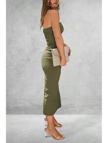 Women's Summer Bodycon Maxi Tube Dress Ribbed Strapless Side Slit Long Going Out Casual Elegant Party DressesHalloween Christmas New Year - 淺軍綠色 - 查看 2