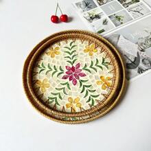 1pc Mother-Of-Pearl Inlaid Wooden Base Rattan Tray Hand-Woven Wicker Tray Coffee Table Tray For Storage And Placing Bread And Fruits