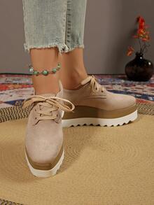 2025 Women's New Dual-Color Platform Lace-Up Round Toe Sneakers, College Style, Sporty, Suitable For All Seasons, Black Platform Wedge Shoes, Increase Height, Autumn/Winter - Khaki - View 6