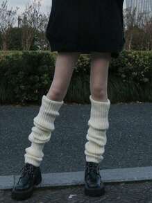 1 Pair Women's Solid Vertical Striped Knit Thigh High Socks, Cute JK Style Leg Shaping Socks Suitable For Daily/Lolita Outfits