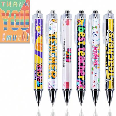6/12 Thank U Teacher Themed Ballpoint Pens With Fun Teacher Elements&Encouraging Expressions Quotes, Teacher Set Gift, Office Supplies For School Teacher Colleagues|Back To School Season Entrance Gift