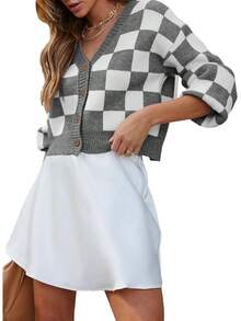 Women's Checkered Button Down Long Sleeve Knit Cropped Cardigan Sweater Tops, Style - Gray - View 1