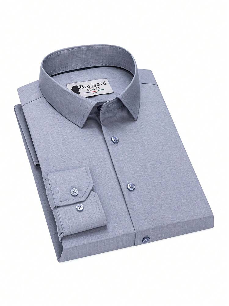 Men's Business Dress Shirts, Long Sleeve, Iron-Free, Slim Fit, Solid Color Korean Style Formal Shirts, Versatile For Work And Commuting. - Màu Xám nhạt - Xem 1