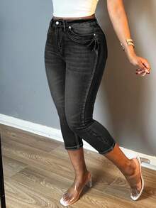 Women Fashion Vintage Washed Denim Pants Small Legs Button-Up Zipper Open Slim-Fit Stretchy Jeans - 灰色 - 查看 3