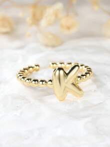 Tsnamer 1 pièce Bague vintage avec initiale en forme de cœur de A à Z, bague empilable minimaliste avec lettre gravée, cadeau pour elle, bijoux, cadeau pour femmes au quotidien - Bague à perles - Voir 27