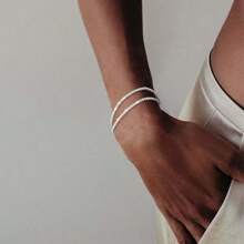 1 Piece Sterling Silver Ankle Bracelet Set - Dainty Layered Waterproof Anklets For Women, Adjustable Sparkly Herringbone & Beaded Rope Chains, Stackable Cute Summer Beach Jewelry, Perfect For Vacation & Daily Wear, Ideal Gift For Her