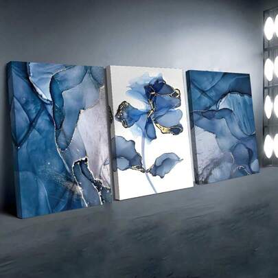 Set de 3 pinturas y pósteres en lienzo, arte abstracto floral azul moderno, decoración del hogar, arte de pared, decoración de habitación, impresiones HD, regalos ideales, sala de estar, dormitorio, comedor, decoración de oficina, pósteres, decoración de habitación, moderno, botánico (marco opcional)