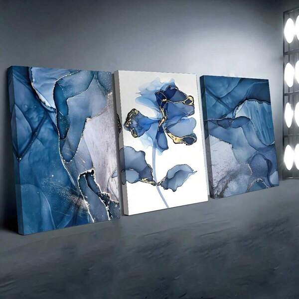 3pcs/Set Canvas Paintings And Posters,Modern Blue Floral Abstract Art Decor,Home Decor,Wall Art,Room Decor,HD Prints,Ideal Gifts,Living Room,Bedroom,Dining Room,Office Decorative Art,Posters,Wall Art,Room Decoration Stuff,Modern,Botanical(Optional) Frame)