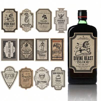 12Pcs Halloween Potion Bottle Labels Stickers, Vintage Halloween Apothecary Decor Potion Bottle Stickers Witch Medicine Animal Water Cup Sticker For Horror Halloween Party