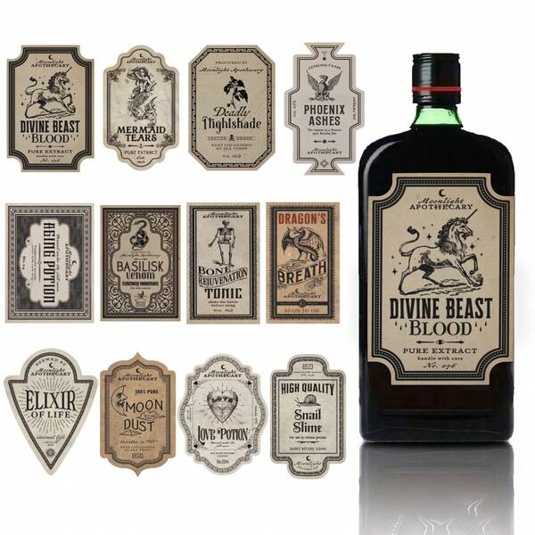 12 Piezas de Etiquetas Adhesivas para Botellas de Pociones de Halloween, Decoración de Botica Vintage de Halloween, Pegatinas para Botellas de Pociones, Medicina de Bruja, Vaso de Agua con Animales, Pegatinas para Fiesta de Terror de Halloween