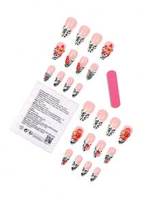 24 buc unghii adezive pentru unghii, model toamnă și iarnă, verde gradient, imprimeu leopard, flori 3D, mărgele aurii, migdale, accesorii pentru unghii și 1 bandă de pilă de unghii + 1 bucată de lipici jeleu