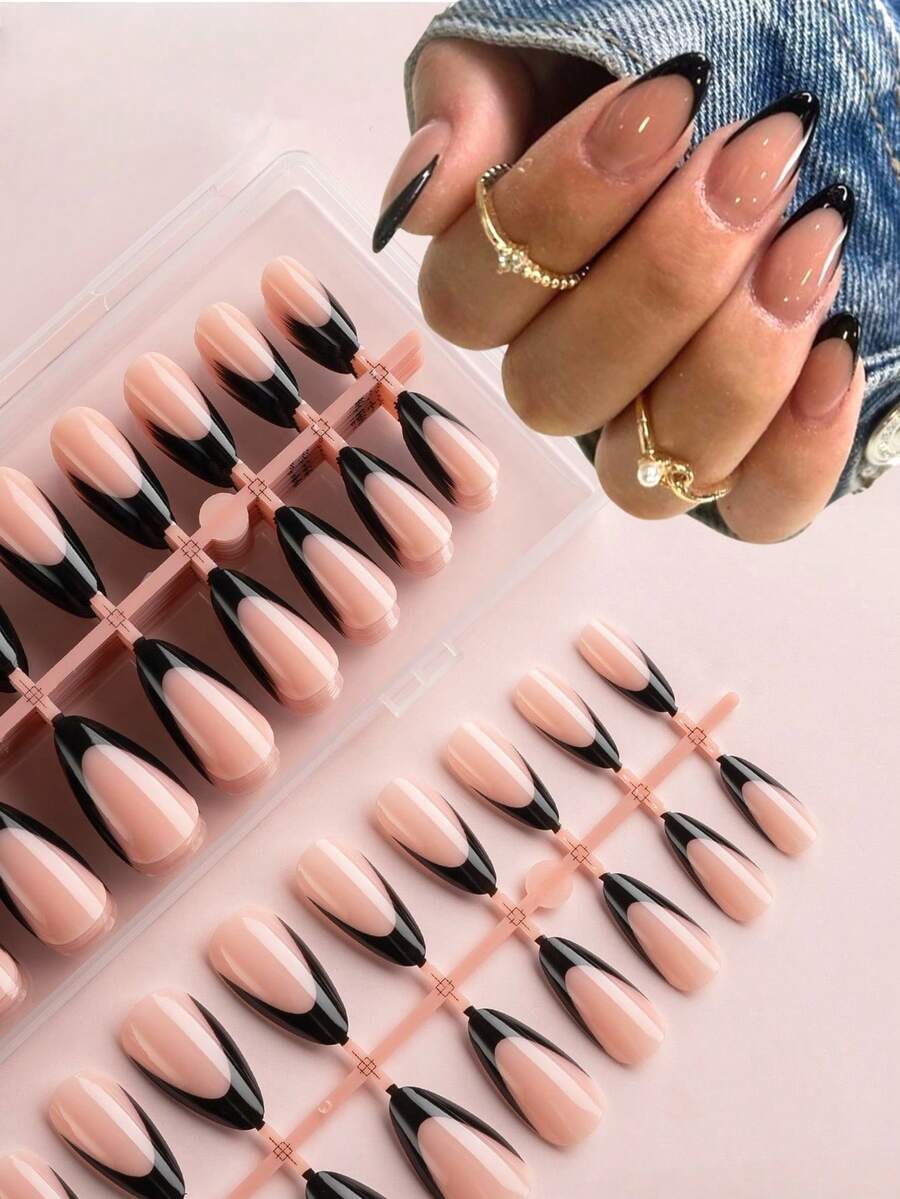 240 miếng/10 bộ sơn móng tay dạng gel - Móng giả hình hạnh nhân cỡ trung bình, móng dán bóng đã được phủ sẵn lớp sơn bóng và sơn màu, thiết kế kiểu Pháp thanh lịch, thích hợp cho việc tự làm móng mùa hè. Phụ kiện làm móng nghệ thuật kiểu Pháp màu đen. - Nhiều màu - Xem 1