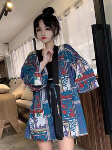 Chinese Style Retro Niche Floral Print Kimono Cover Up, Summer Beach Resort One-Piece Robe Cover-Up Lightweight Jacket - Blue - View 4