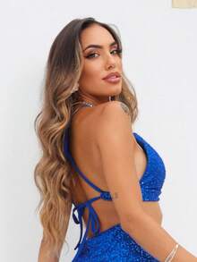 Sequined Crop Top, Shiny Party Bra Style - 寶藍色 - 查看 4