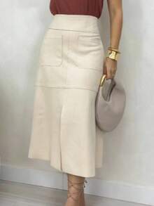 WOMEN'S SUEDE SKIRT WITH ZIPPER AND POCKET. STYLE AND ELEGANCE. - Off - White - View 1