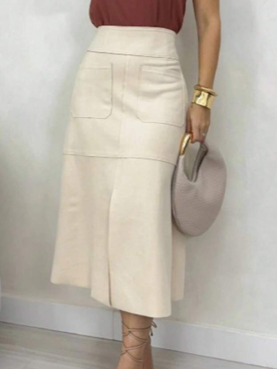 WOMEN'S SUEDE SKIRT WITH ZIPPER AND POCKET. STYLE AND ELEGANCE. - Off - White - View 1