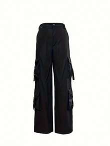 Fashionable Casual Solid Color Straight Leg Cargo Pants - Black - View 5