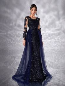 YISIKADO Women Sequin Glitter Evening Dress Floral Appliques Mesh Long Sleeve Round Neck Formal Prom Party Dress Ball Gown Wedding Guest Dress, For Graduation, Banquet Dinner Ceremony Celebration Ceremonial Dress - Navy Blue - View 4