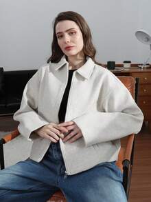 HH 女士秋季时尚复古翻领长袖外套，带口袋，女士休闲百搭长袖外套，白色 - 白色 - 查看 5