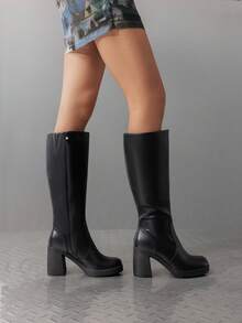 Botas altas hasta la rodilla con tacón grueso y bloque, plataforma con punta cuadrada, de unicolor y con cremallera lateral, de moda tipo go-go - Negro - Ver 4