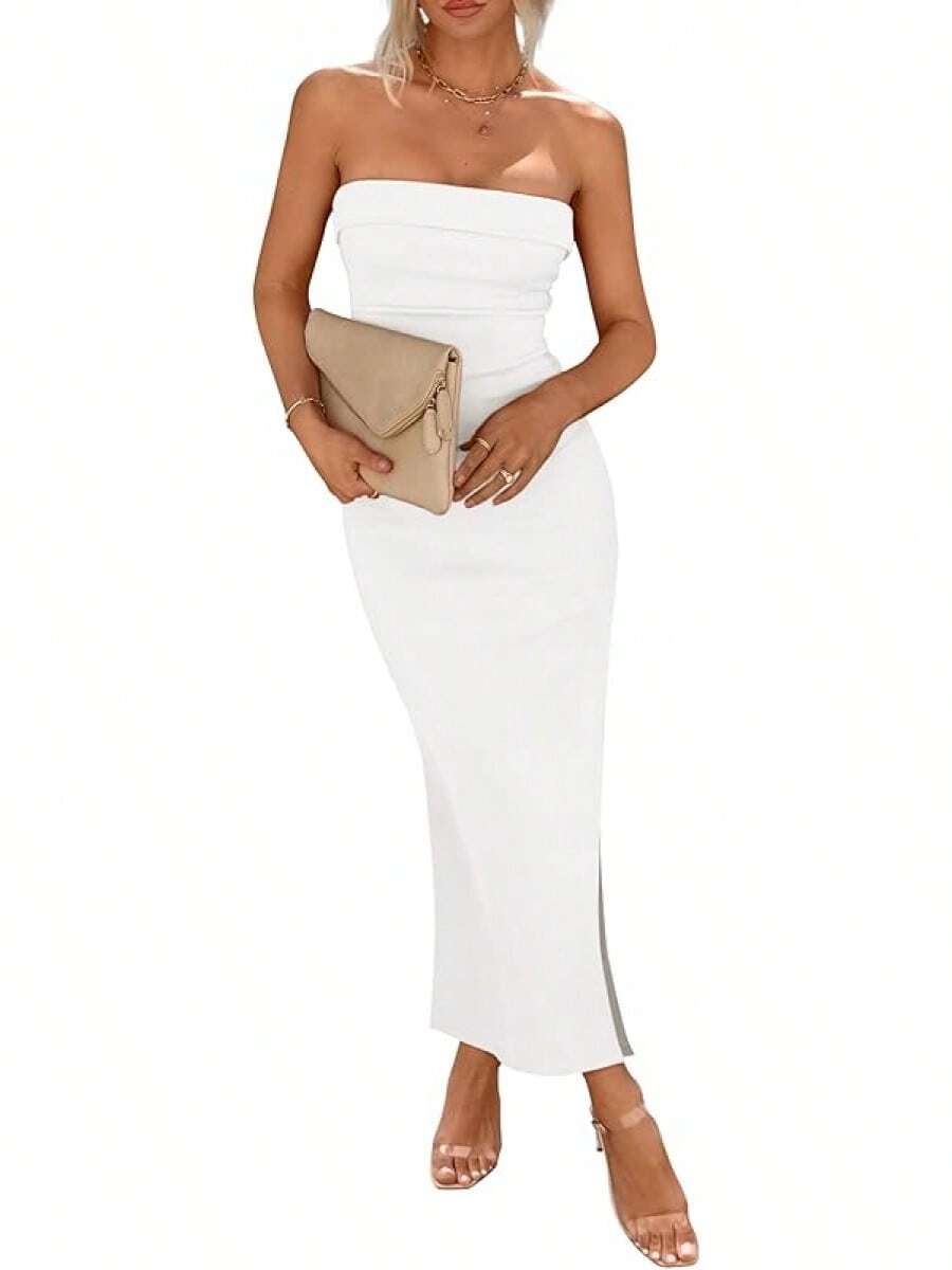 Women's Summer Bodycon Maxi Tube Dress Ribbed Strapless Side Slit Long Going Out Casual Elegant Party DressesHalloween Christmas New Year - 白色 - 查看 1