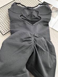 性感健身连体裤，女士可调节交叉绑带运动连体裤，跑步瑜伽连体裤，褶皱短裤，露背套装，连体裤 - 深灰色 - 查看 6