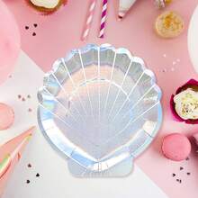 10pcs Iridescent Shell Design Paper Plates, Mermaid Theme Party Supplies, Tableware For Birthday, Holiday, Underwater Party
