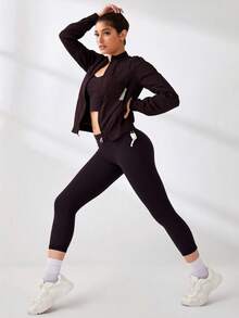 Women's 3-Piece Fitness Set Kit: Gym Clothing, Yoga Jacket, Top, And High-Waisted Leggings - 酒紅色 - 查看 2