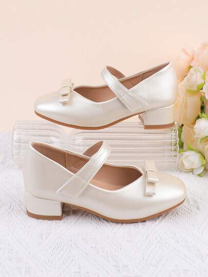 Girls' Fashion White & Champagne Bow Decor Elegant High Heel Dress Shoes, Suitable For Formal Dress, Recital, Ballet, Wedding, Party, Suitable For Toddler, Little & Big Girls