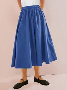 Womens A-Line Midi Skirt Elastic High Waist Pleated Flowy Swing Casual Long Skirt With Pocket - 藍色 - 查看 5