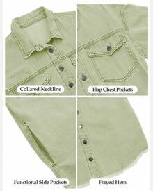 Vetinee Women's Oversized Button Up Frayed Hem Shacket Long Sleeve Pockets Denim Jean Jacket - 勞雷爾.格林 - 查看 7