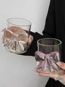 1pc INS风粉色超大蝴蝶结玻璃杯3D蝴蝶结玻璃杯家用下午茶咖啡杯果汁冷饮杯气泡水杯冰淇淋甜品杯早餐牛奶杯礼品杯 - 彩色 - 查看 9