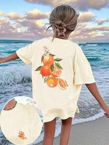 1pc Girls Young Casual Colorful Printed Round Neck Short Sleeve T-Shirt, Summer Student Streetwear - Imaginative And Self-Expressive Graphic Tee - Apricot - View 11
