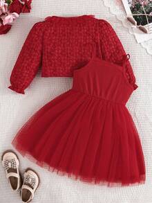 2 件套女孩生日派对礼物，时尚 3D 印花夹克和条纹蝴蝶结网眼吊带裙 - 紅色 - 查看 2