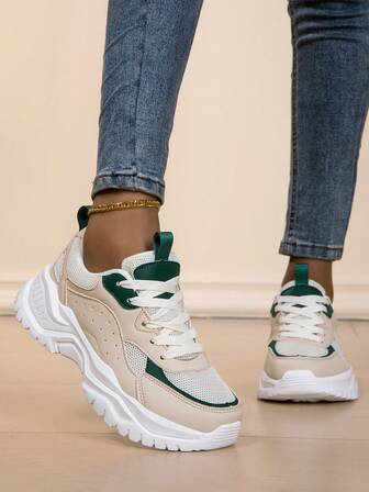 女式拼布撞色休闲运动鞋、女式轻便透气跑步鞋、女式低帮系带运动鞋、女式舒适软底步行鞋、女式时尚百搭厚底运动鞋