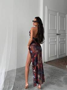 Damen elegant einfarbiges rückenfreies Abendkleid mit gerafftem Saum, geeignet für Hochzeit und formelle Dinners - Kaffeebraun - Übersicht 2