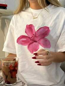 Playera camiseta básica mujer dama cuello redondo manga corta estampado GRAFICO DE FLOR FLORWER GRAPHIC | material no transparente | Textura Suave Fortiz - Blanco - Ver 1