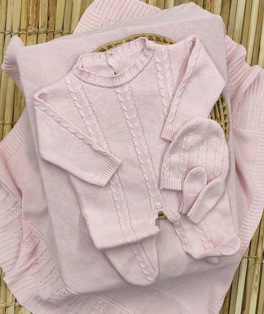 Complete Knit Maternity Outfit, Jumpsuit, Blanket, Hat And Gloves - 淺粉色 - 查看 1