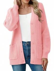 Women Chunky Knit Cardigan Sweater Long Sleeve Button Up Cardigan With Pocket Sweater Coat Fall And Winter, Fashionable Knitwear SLK8 - Hồng - Xem 1