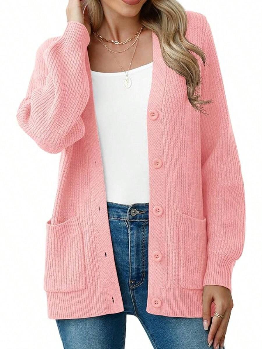 Women Chunky Knit Cardigan Sweater Long Sleeve Button Up Cardigan With Pocket Sweater Coat Fall And Winter, Fashionable Knitwear SLK8 - Hồng - Xem 1