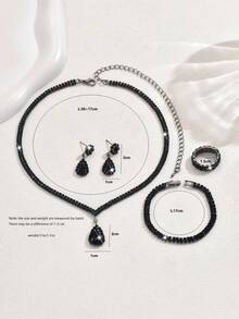 3 件套银色金属水钻项链、耳环和手链首饰套装，新娘婚礼配饰 - 1413783424-2黑色套裝 - 查看 4