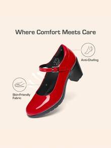 Women's Chunky Low Block Heels Pumps Mary Janes Closed Round Toe Comfortable Elegant Solid Color Dating Vacation Classic Dress Work Shoes - 紅色 - 查看 3
