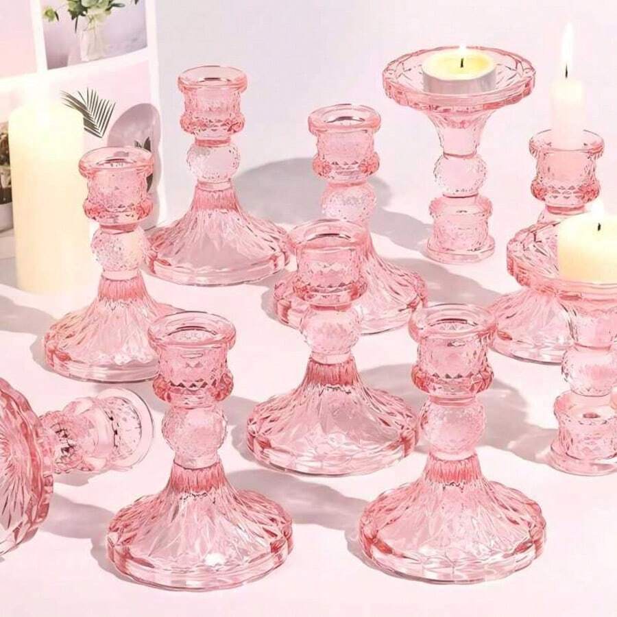 Candlestick Holders Set, 4" H Taper Candle Holders Bulk, 1/3/6PCS Glass Candle Holders For Wedding, Festival, Party & Windowsill Decor - Green - View 1