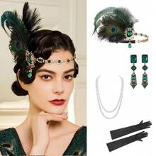20 世纪 20 年代婚礼/派对头饰套装，包括头带、仿珍珠项链、手套、复古锌合金配饰，适合万圣节舞会