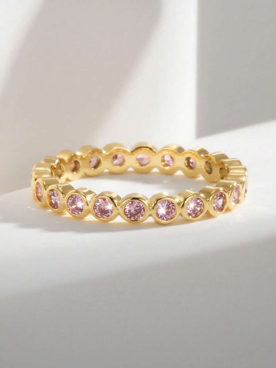 Charm-In 女士时尚优雅粉色锆石镀金戒指