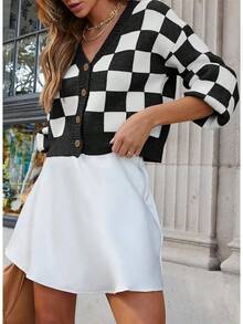 Women's Checkered Button Down Long Sleeve Knit Cropped Cardigan Sweater Tops, Style - Black - View 2