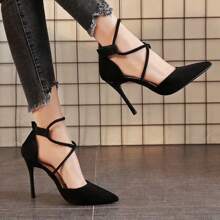 Sandalias romanas de tacón alto con tiras cruzadas para mujer. Zapatos de tacón alto para mujer con hebilla recta, tacón fino y punta afilada. - Negro - Ver 3