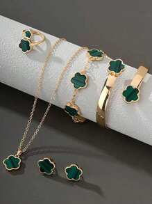 1 set (5 pièces) - Parure de bijoux en alliage à motif de fleur porte-bonheur, cadeau à la mode pour femmes, bracelet en cristal guérisseur pour la guérison de l'énergie spirituelle, convient pour un port quotidien, cadeau idéal pour la petite amie, l'épouse ou la partenaire