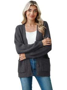 Women Chunky Knit Cardigan Sweater Long Sleeve Button Up Cardigan With Pocket Sweater Coat Fall And Winter, Fashionable Knitwear SLK8 - Dark Heather Gray - View 10
